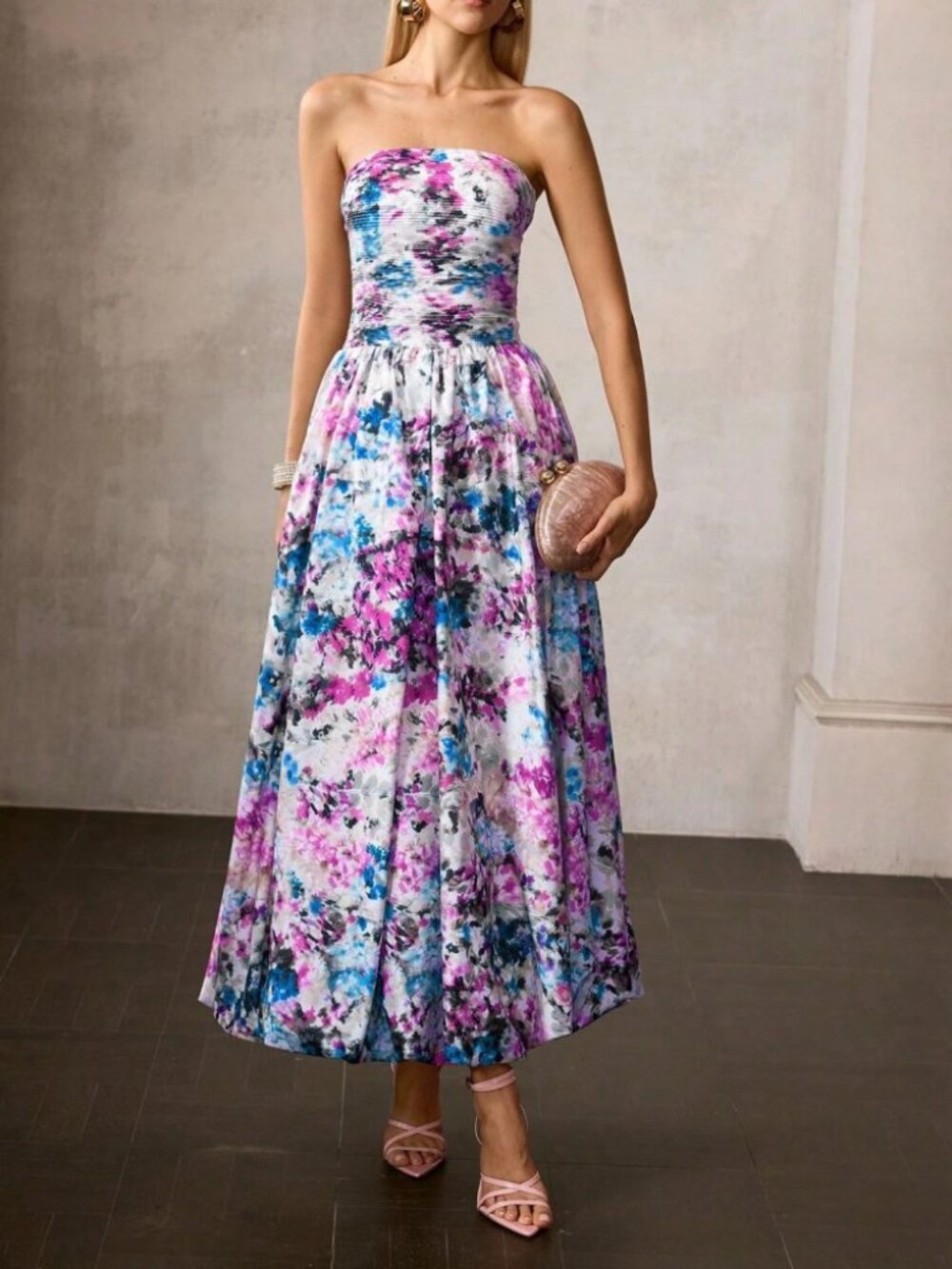 Blue Floral Print Strapless Maxi Dress with Pleated Bodice - Picture 6 of 6